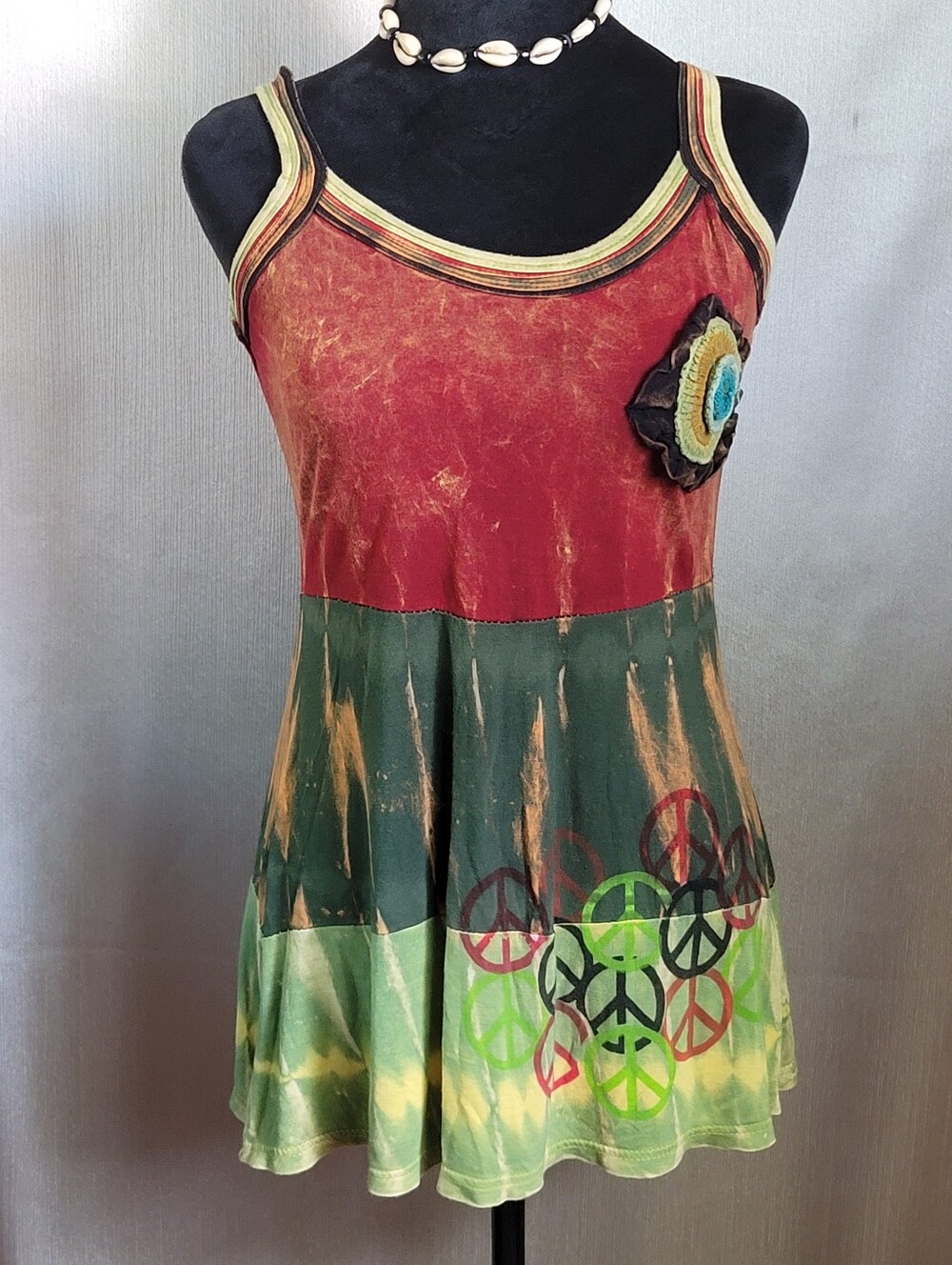 Boho Tie-Dye Peace Sign Tank Dress in Red, Green, Yellow